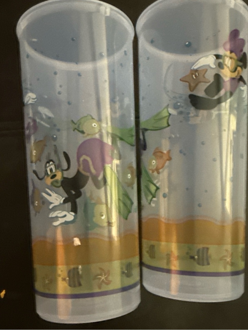 Tupperware Disney Pair of Clear Cartoon Fish Tumblers with Purple Accents